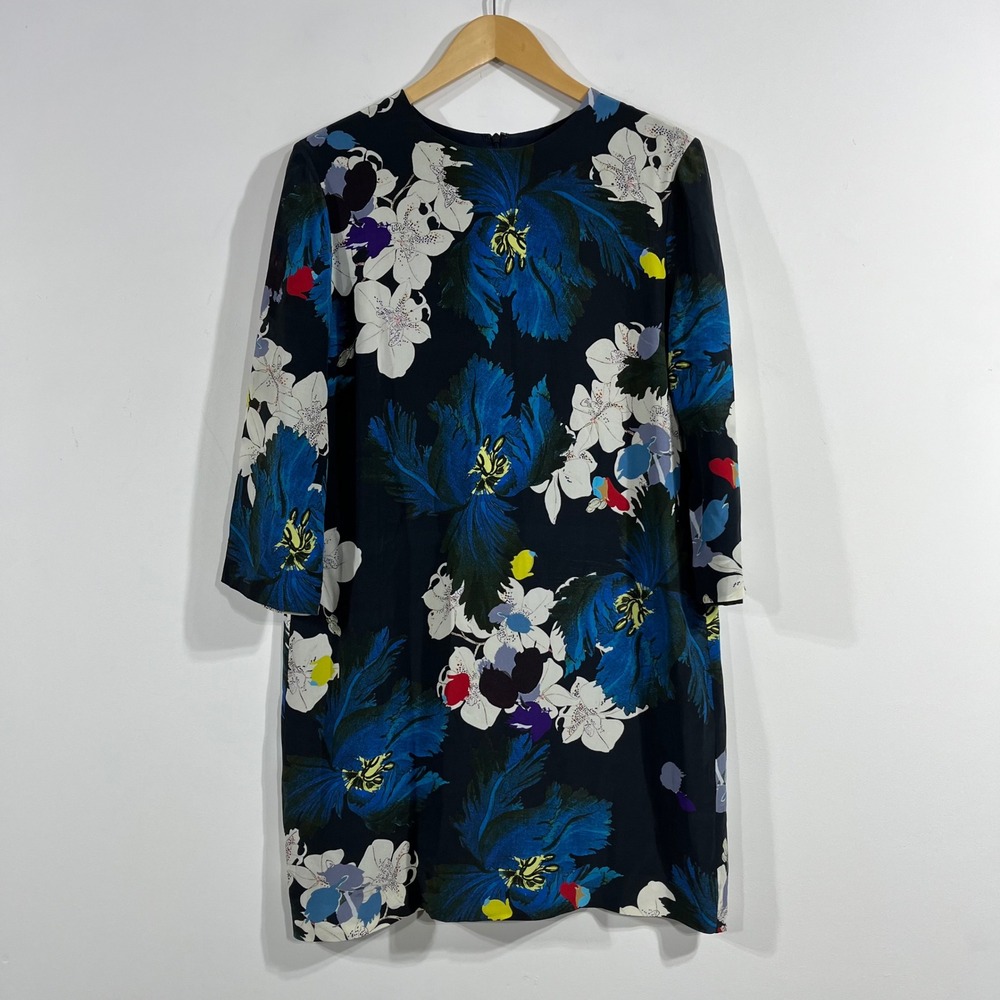 Erdem Emma Floral Silk Shift Dress Navy Blue Orchid Print Womens 12 Event Formal